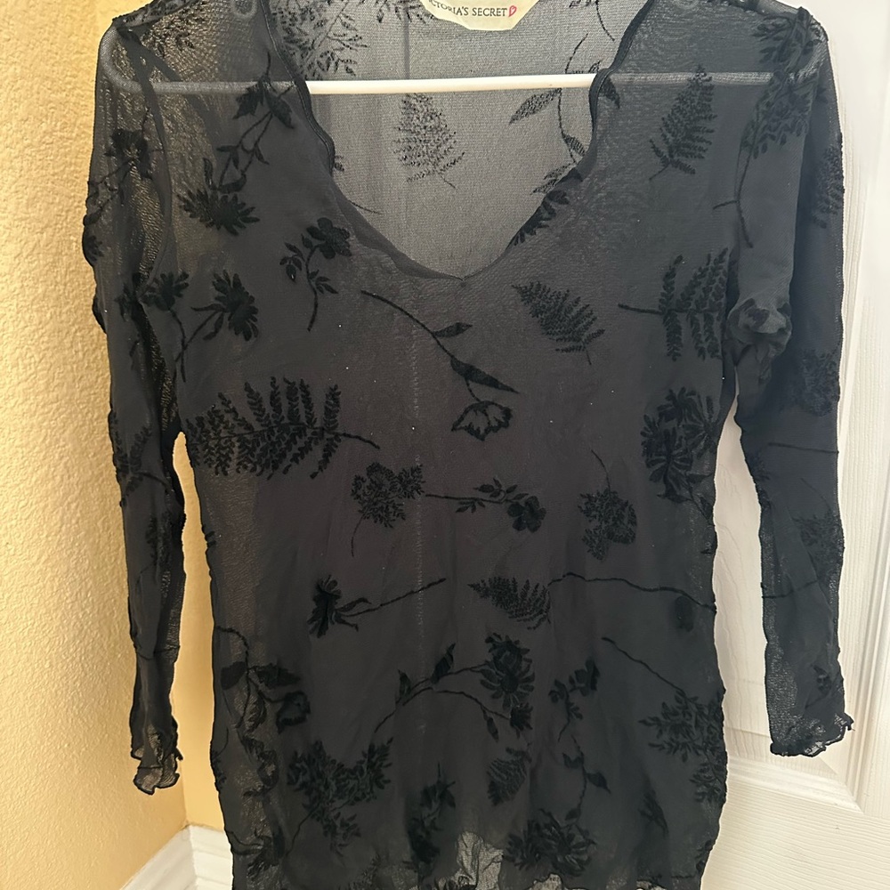 Vintage VS Black Sheer Floral Top. Velvet burnout
